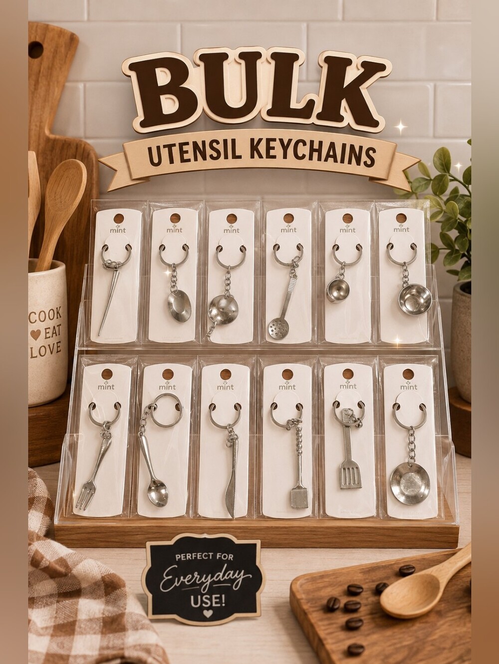 BULK Silver Tone Mini Utensil Keychains Assorted Kitchen Charms